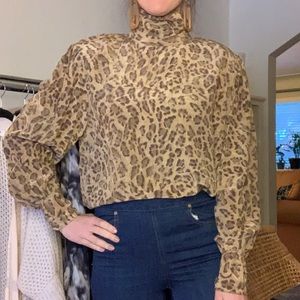 Vintage Cheetah Animal Print Silk Mock Neck Blouse